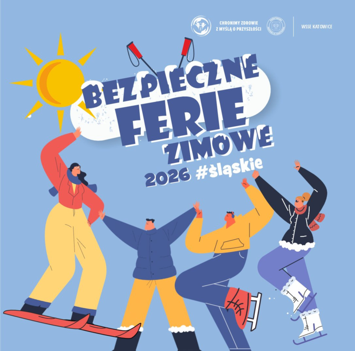 Grafika przedstawia plakat bezpieczne ferie 2026
